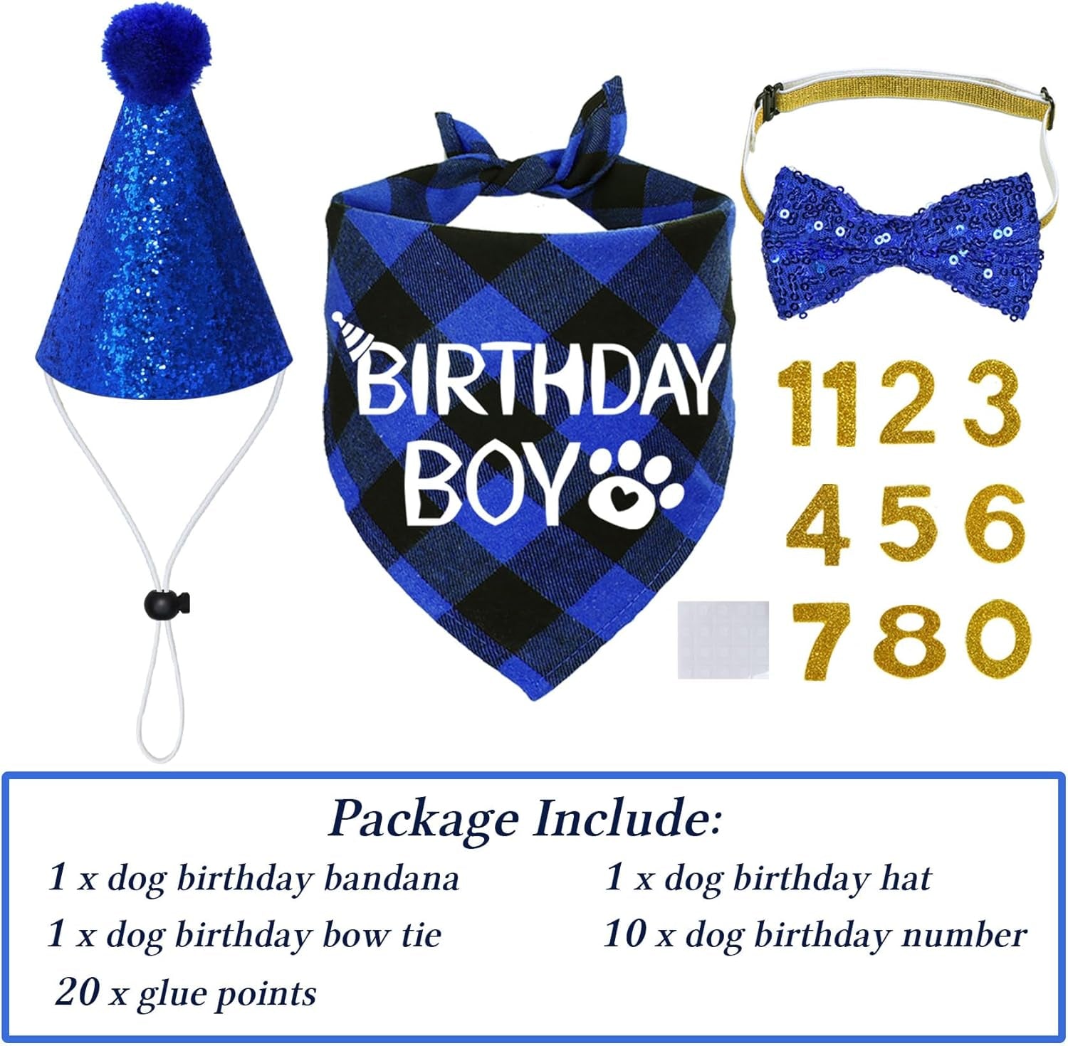 Dog Birthday Party Supplies, X-Large, Blue - Includes Hat, Bandana, Bow Tie, Numbers & Glue Points