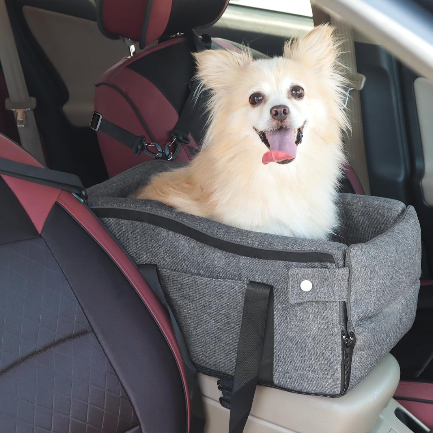 Center Console Dog Car Seat for Small Dogs up to 12Lbs, Detachable Armrest Pet Car Seat, Portable Middle Console Dog Booster Car Seat with Adjustable Straps, Storage Pocket & Safety Leash