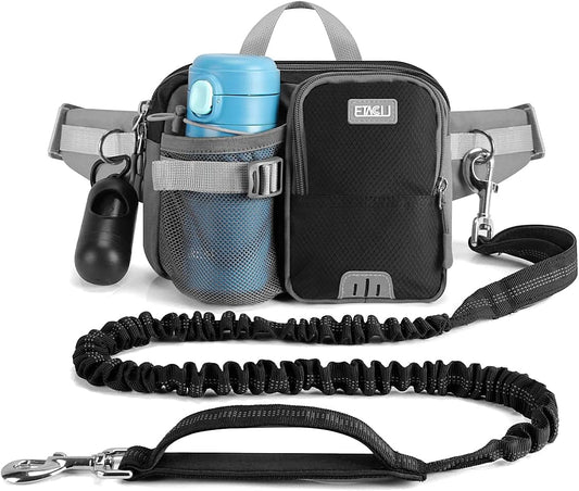 Hands Free Dog Leash with Phone Pouch, Water Bottle Holder - Adjustable Waist Belt 19-38 Inch Belt Leash for Running, Reflective Shock Absorbing 37"-54" Extendable