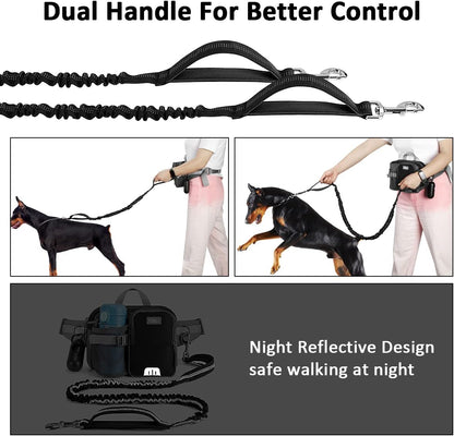 Hands Free Dog Leash with Phone Pouch, Water Bottle Holder - Adjustable Waist Belt 19-38 Inch Belt Leash for Running, Reflective Shock Absorbing 37"-54" Extendable